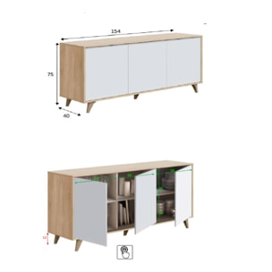 Credenza Arvada, Madia moderna a 3 ante e ripiani, Buffet da cucina, Buffet di design da soggiorno, cm 154x40h75, Rovere e Bianco