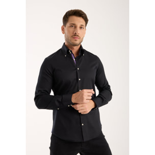 Camicia Uomo 2 Bottoni Button Down Slim Satin Unito Nero
