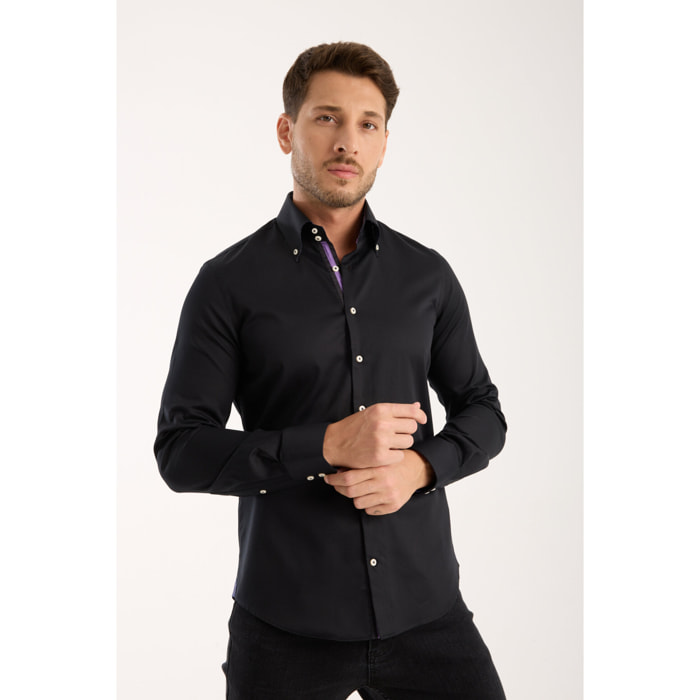 Camicia Uomo 2 Bottoni Button Down Slim Satin Unito Nero