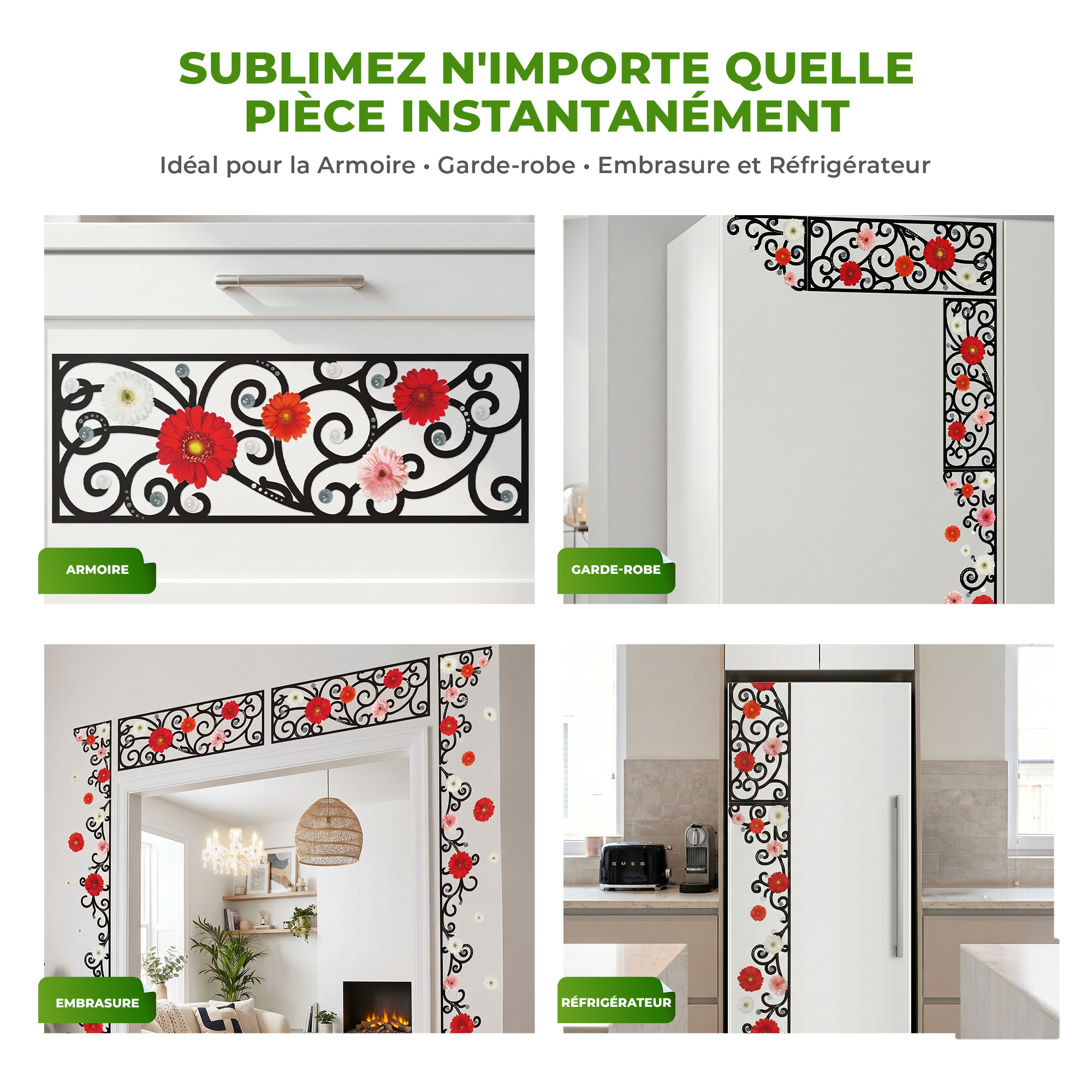 Stickers Muraux décoration adhésifs fleurs en frise