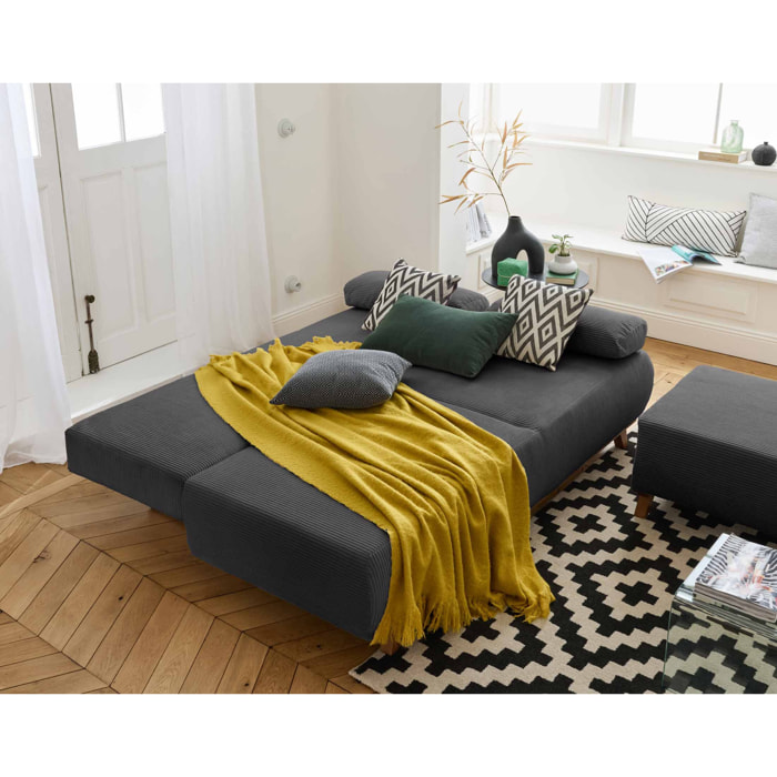 Cristal - canapé 3 places - convertible avec coffre et pouf - en velours côtelé - Gris foncé
