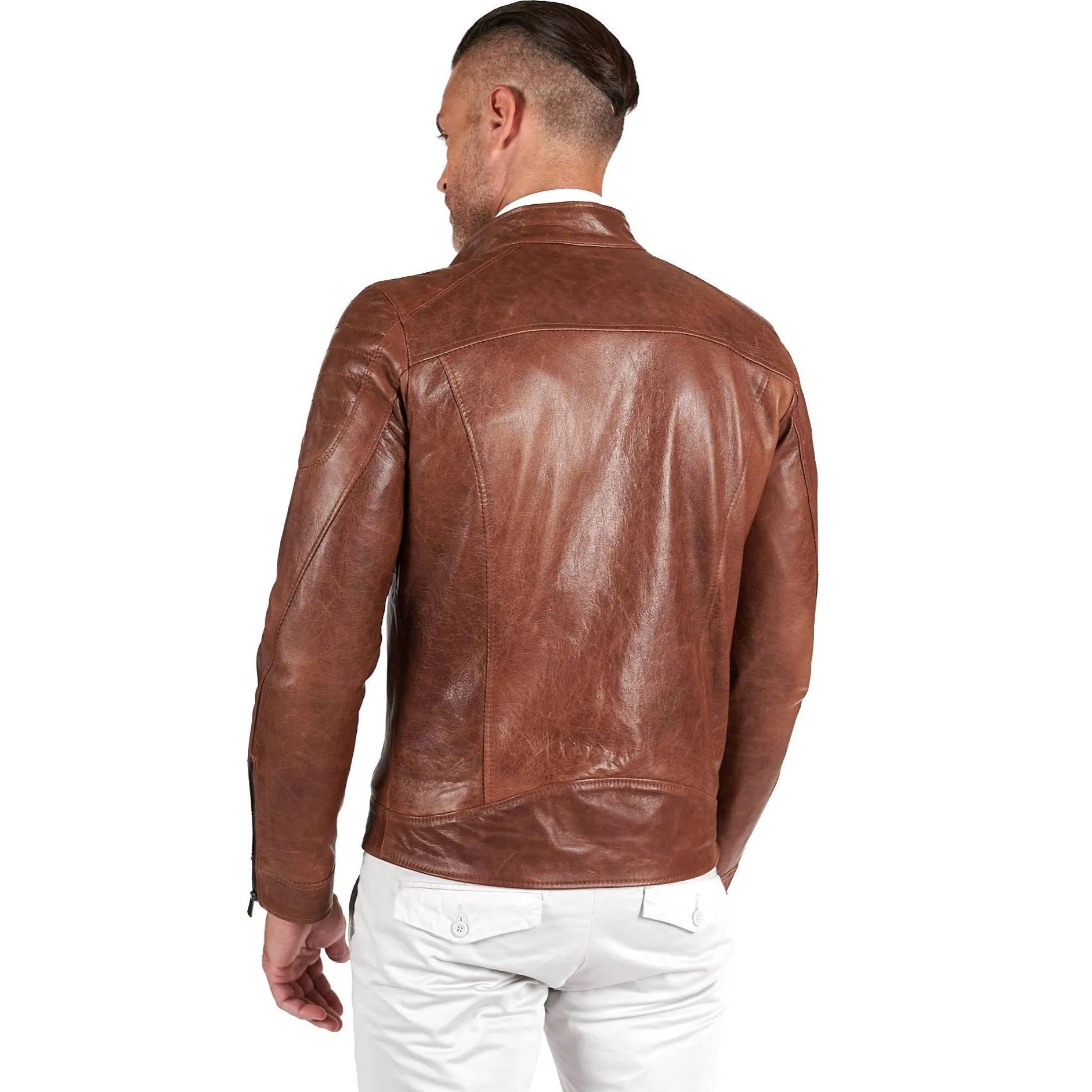 Giacca moto in pelle cuoio biker trapuntato spalle effetto liscio