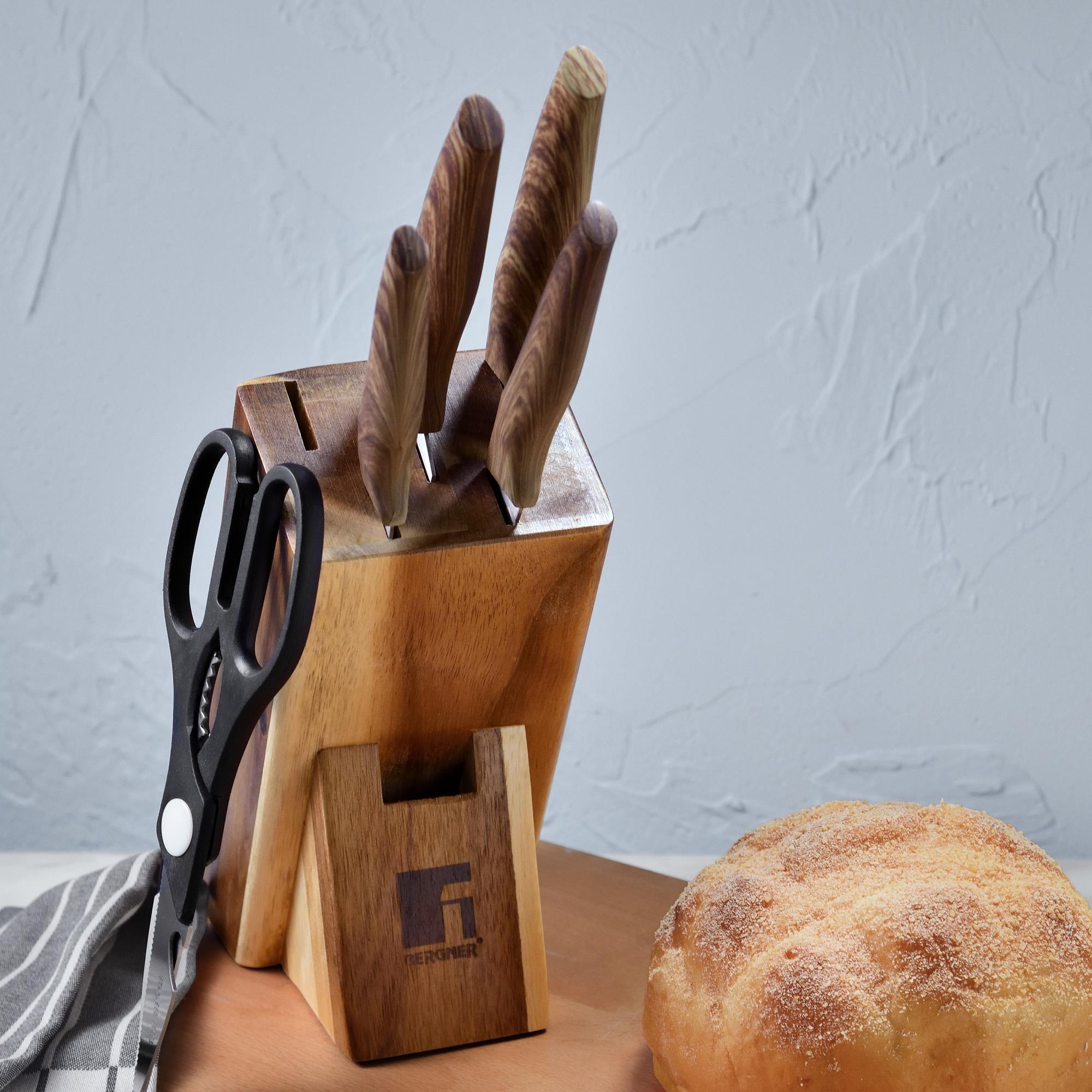 Juego de 11 Cuhillos + Tijeras en acero inoxidable + Tacoma de madera Nature Bergner