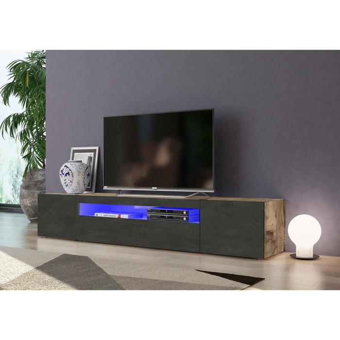Mobile porta TV Amore, Credenza bassa da soggiorno a 3 ante, Base porta televisione, 100% Made in Italy, cm 200x40h37, Acero e Ardesia, con luce LED