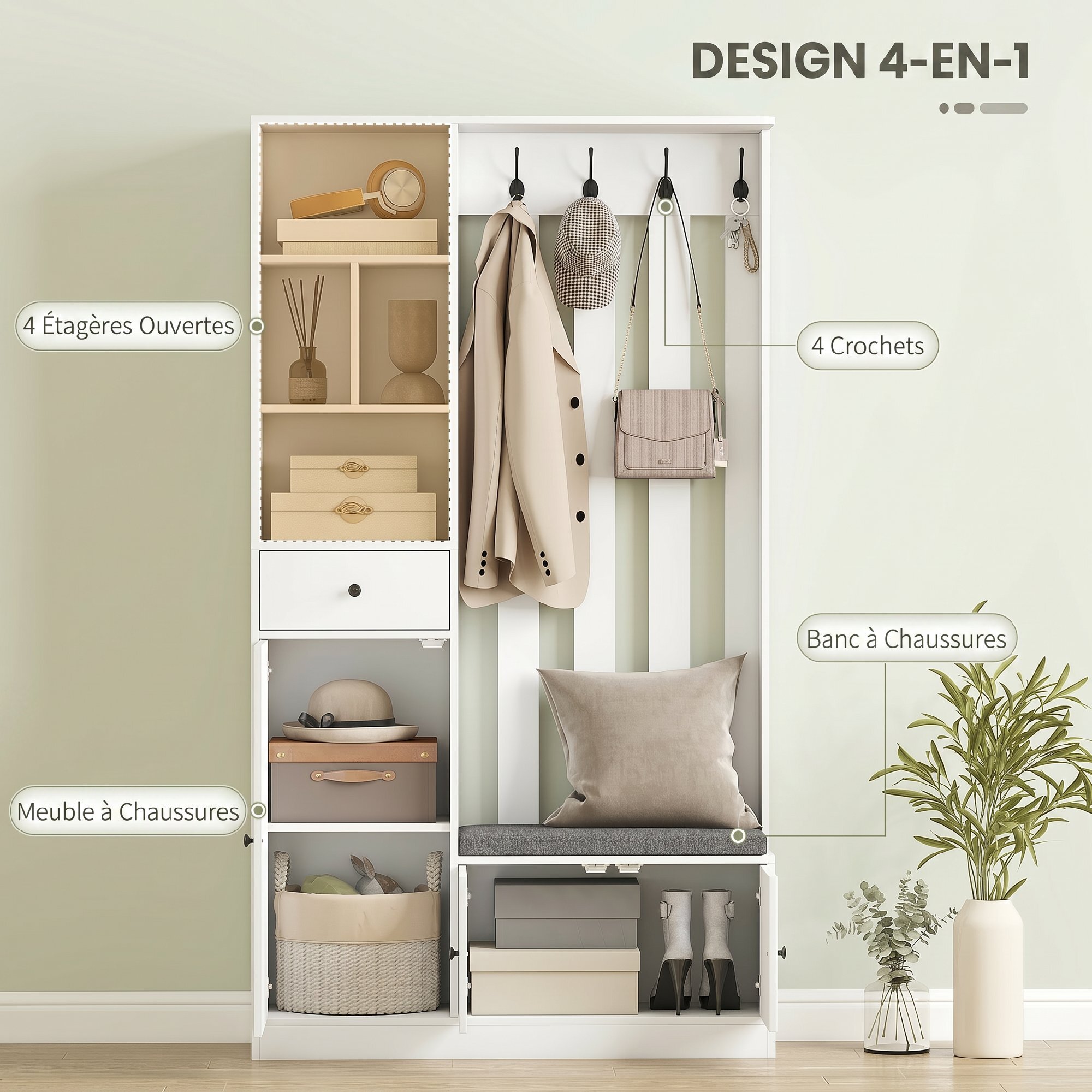 Vestiaire d'entrée banc chaussures multi-rangement gris blanc