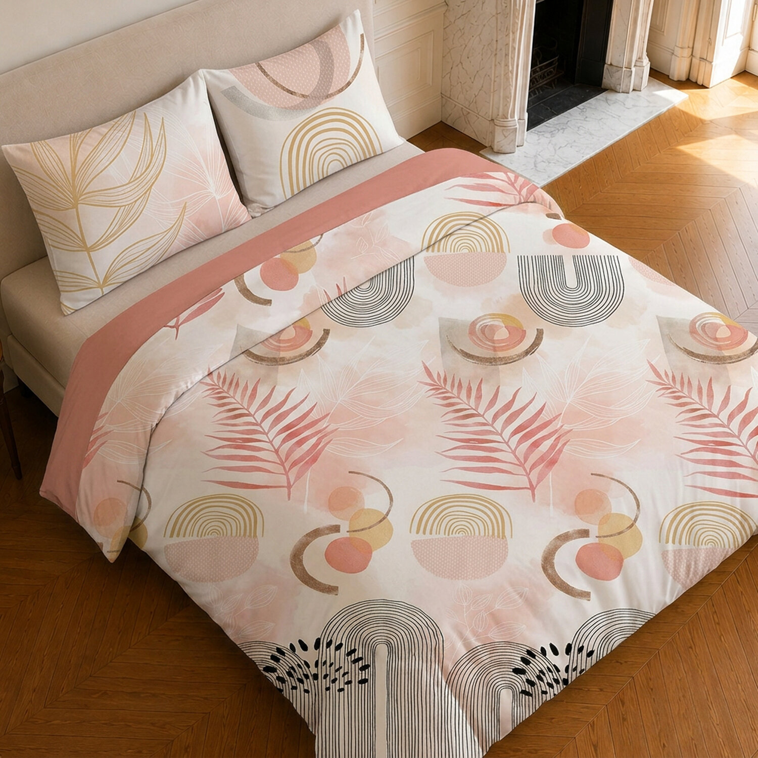 Parure housse de couette 100% coton motif floral - TERRACOTTA