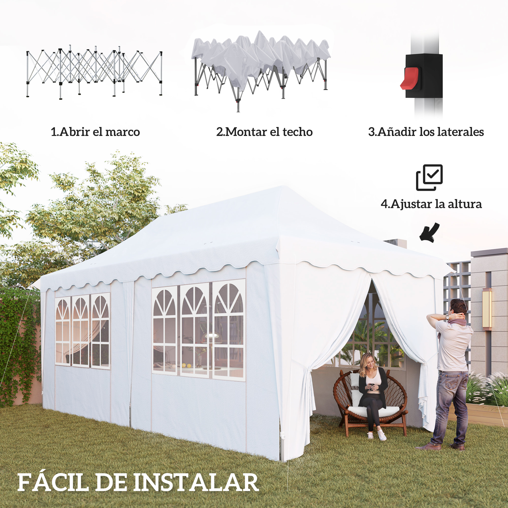 Carpa Plegable Pop-up Gazebo 6x3 m Cenador Plegable con 6 Paredes Laterales Anti-UV Altura Ajustable Bolsa de Arena y Bolsa de Transporte para Camping Fiestas