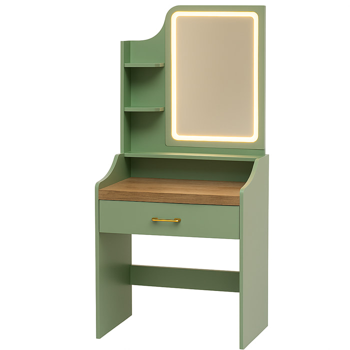 Afrodite - Toeletta Trucco con Luce LED Cassetto 3 Ripiani e Prese Postazione Make Up in Legno Salvia