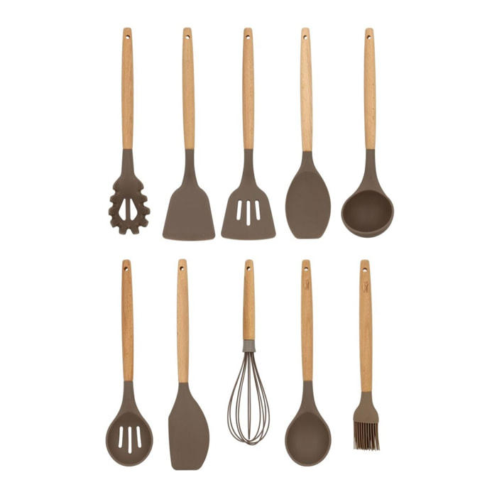 Lot de 10 ustensiles en silicone et manche en bois  ELIOTT
