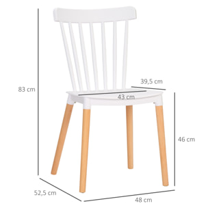 Juego de 4 Sillas de Comedor Estilo Nórdico Sillas de Cocina con Respaldo Alto Asiento de Polipropileno y Patas de Madera de Haya Carga 120 kg 48x52,5x83 cm Blanco