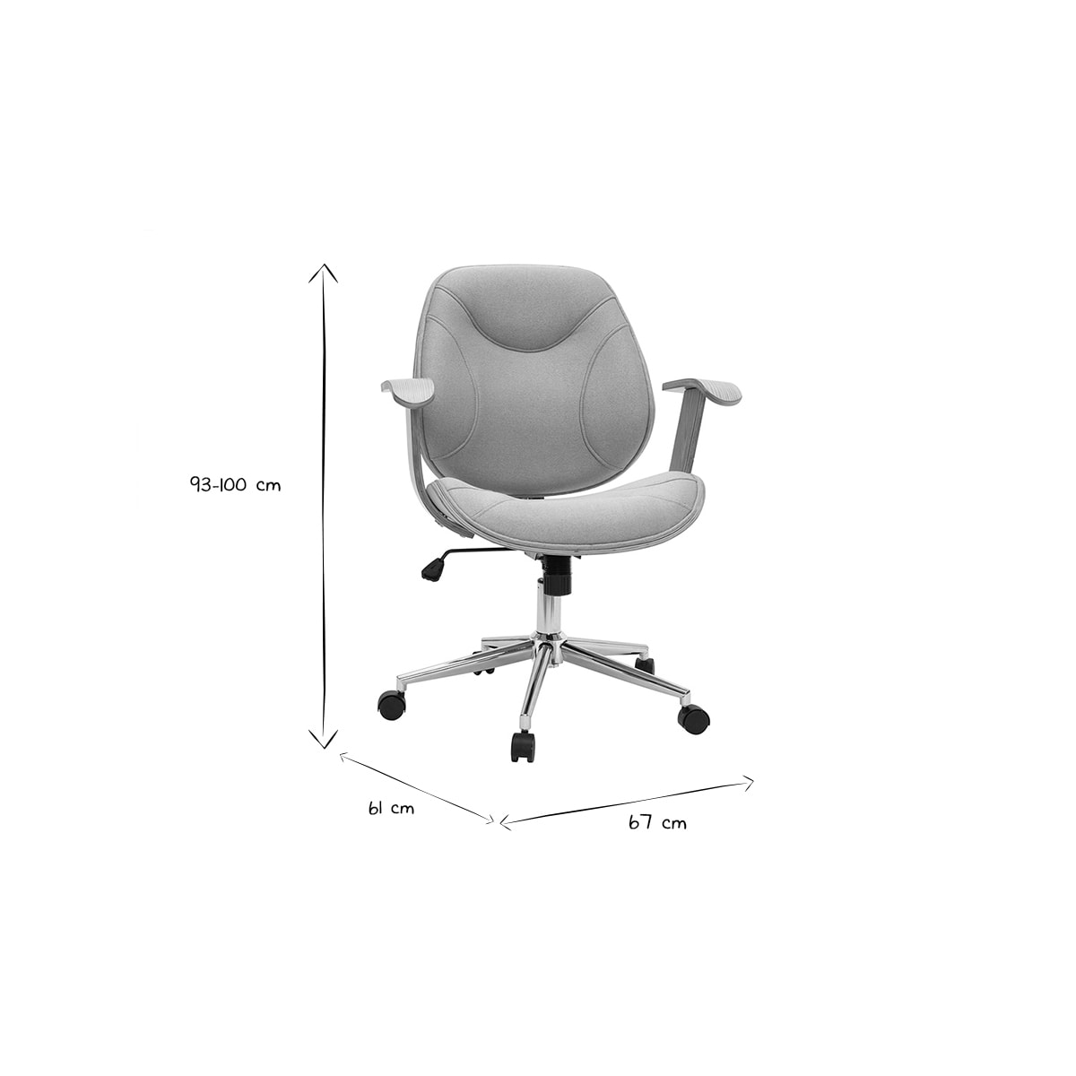 Chaise de bureau à roulettes design en tissu gris clair, bois clair et acier chromé YORKE