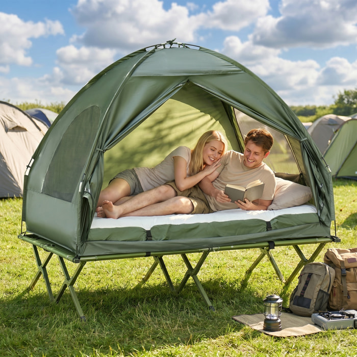Outsunny Tienda de Campaña con Cama Doble Plegable 4 en 1 Cama de Campamento Elevada con Colchón Hinchable y Bolsa de Transporte de Tela Oxford 600D Acero 193x145x180 cm Verde