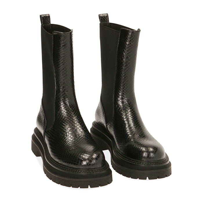 Chelsea boots neri stampa vipera, tacco 5 cm