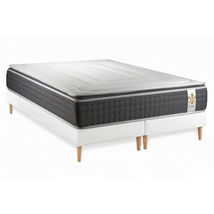 Ensemble Matelas Vingt-Six PLUS - 26cm - Ressorts ensachés et mémoire de forme - Effet nuage - Sommier Tapissier Blanc