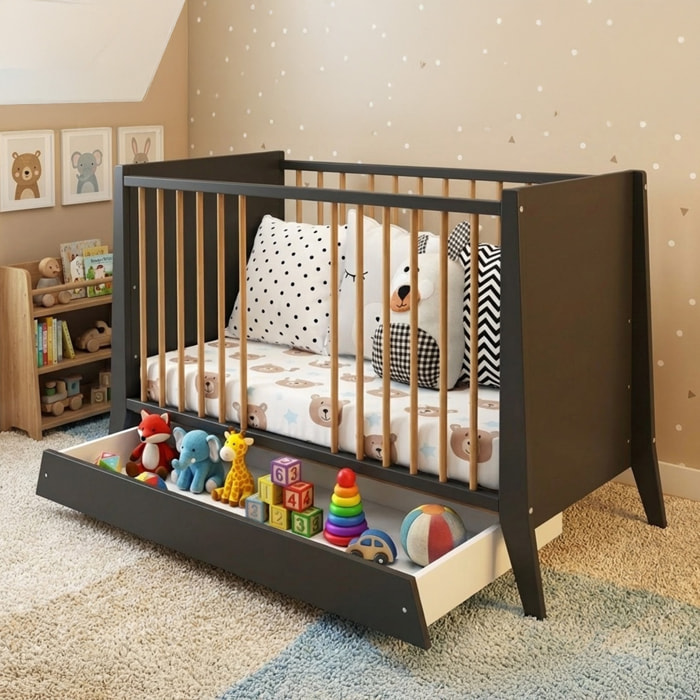 Lit Evolutif Timéo à barreaux 60 x 120 cm, Gris & Bois, En Bois, 3 Hauteurs, Tiroir intégré, Barreaux amovibles