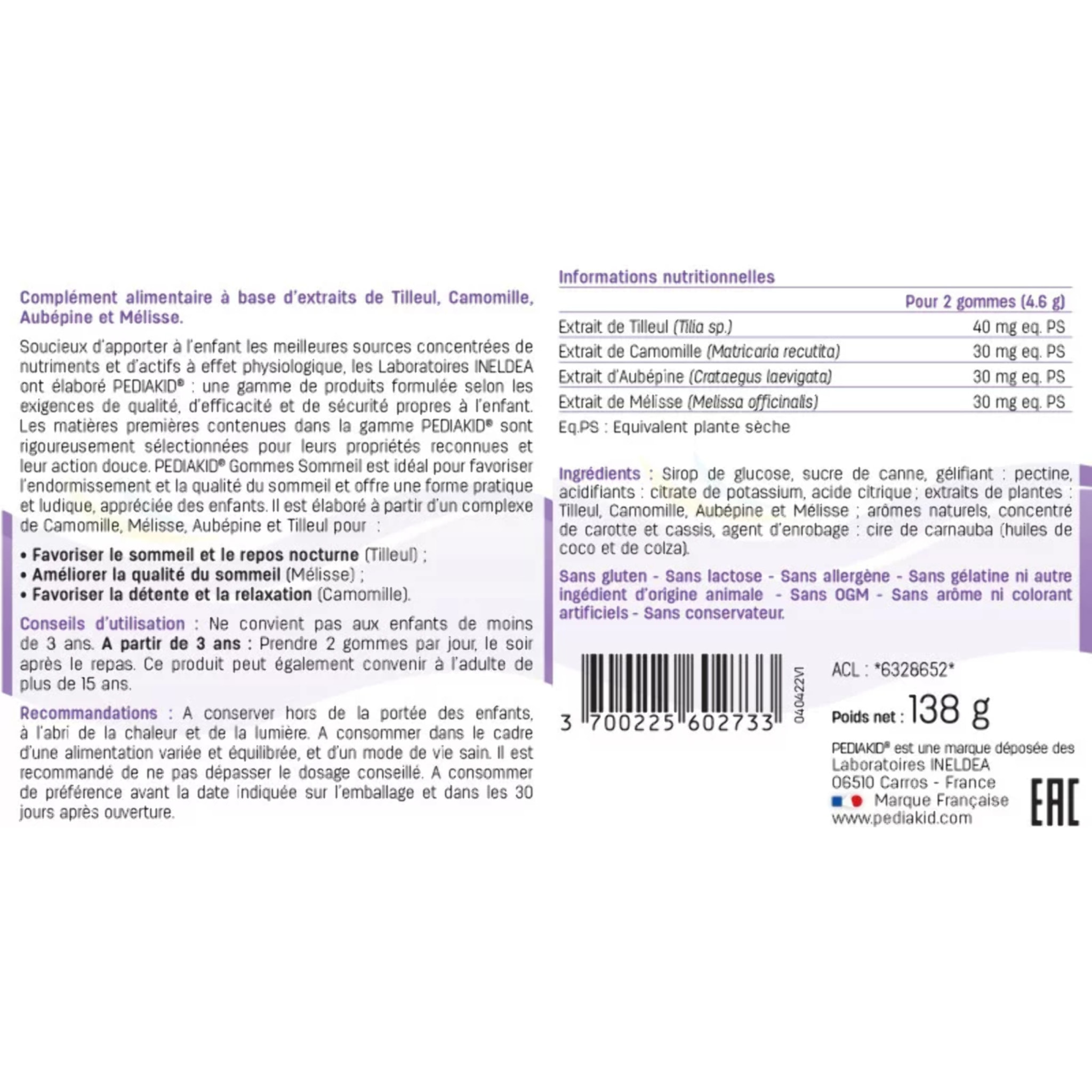 PEDIAKID - Gommes Sommeil - Complément alimentaire - Tilleul, Aubépine, Camomille & Mélisse - Facilite l'endormissement - Favorise un sommeil de meilleure qualité - Sans gélatine - Lot de 2 piluliers
