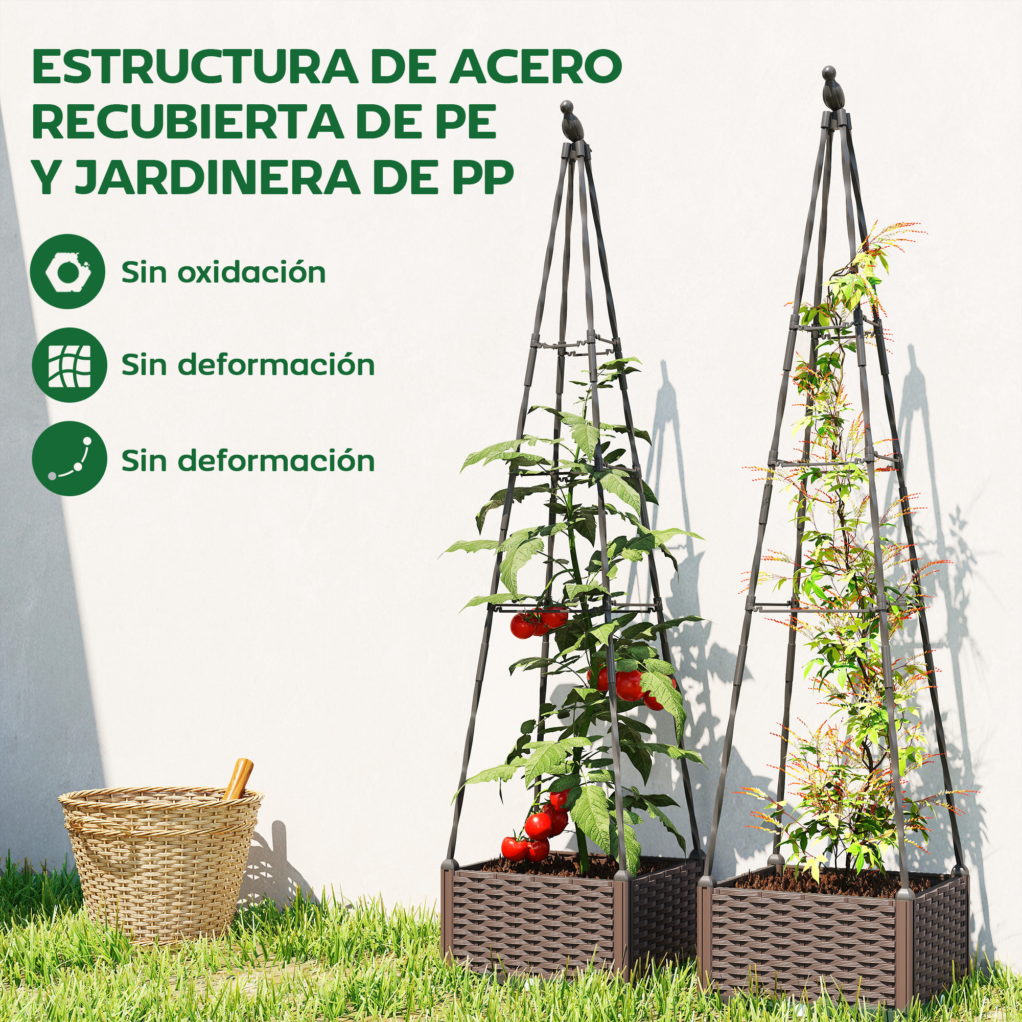 Jardinera con Enrejado Metálico, Jardinera Exterior para Plantas Trepadoras, Maceta de PP con Orificios de Drenaje y Tapones, Macetero Elevado para Jardín, Patio, 40x40x175 cm, Negro