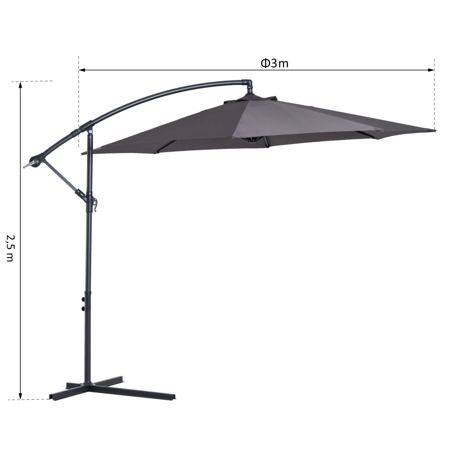 Parasol déporté octogonal inclinable manivelle pied acier Ø 3 x 2,5H m gris