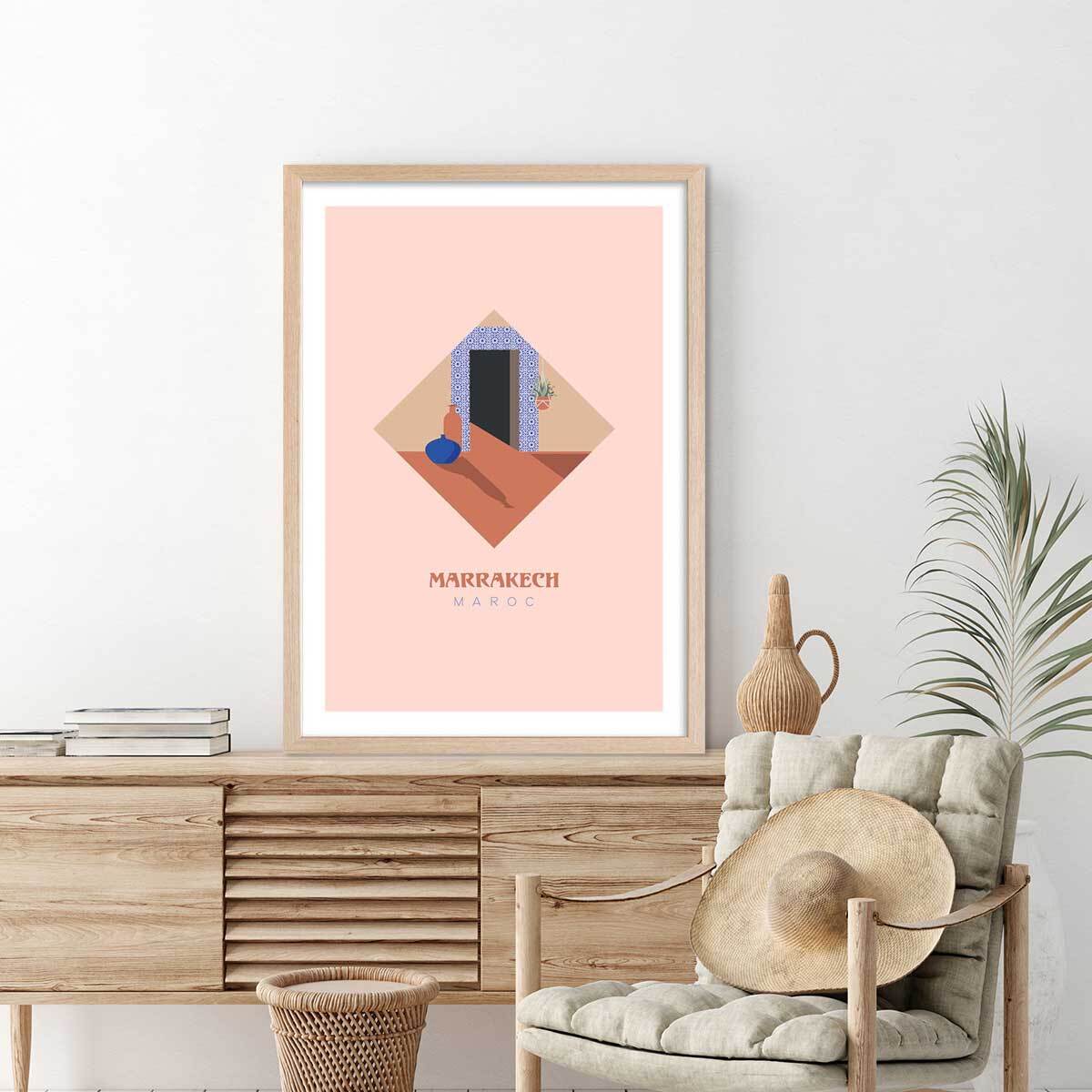 Affiche illustration graphique marrakech maroc Affiche + cadre en bois - Chêne
