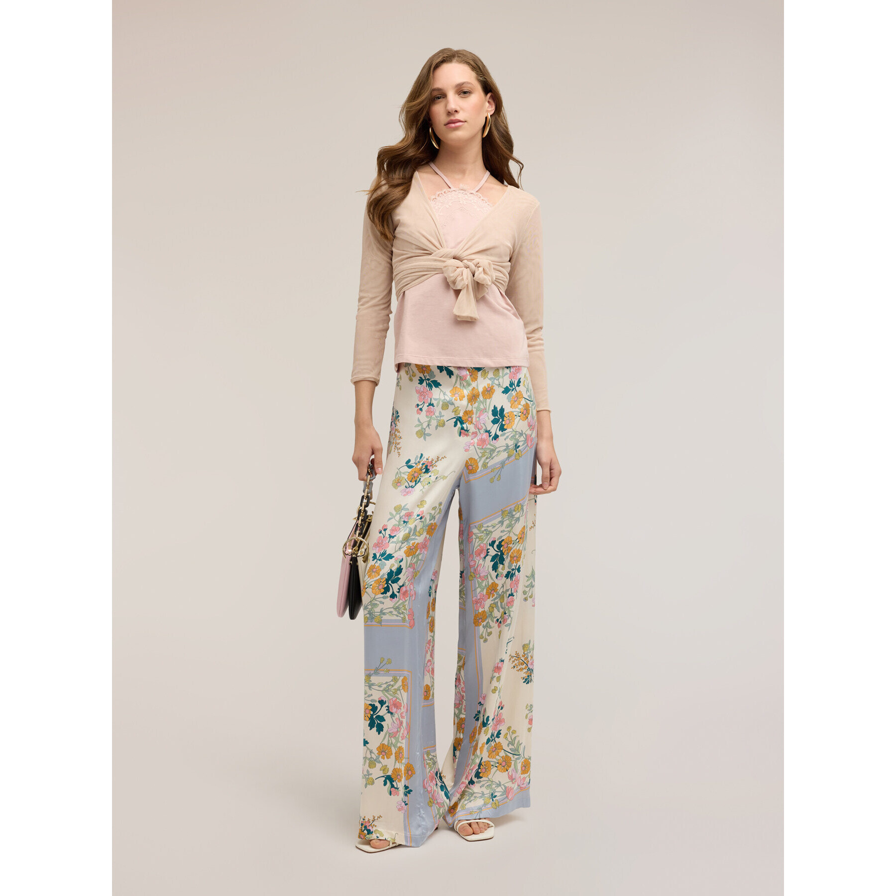 Motivi - Pantalones palazzo de raso con estampado - Blanco