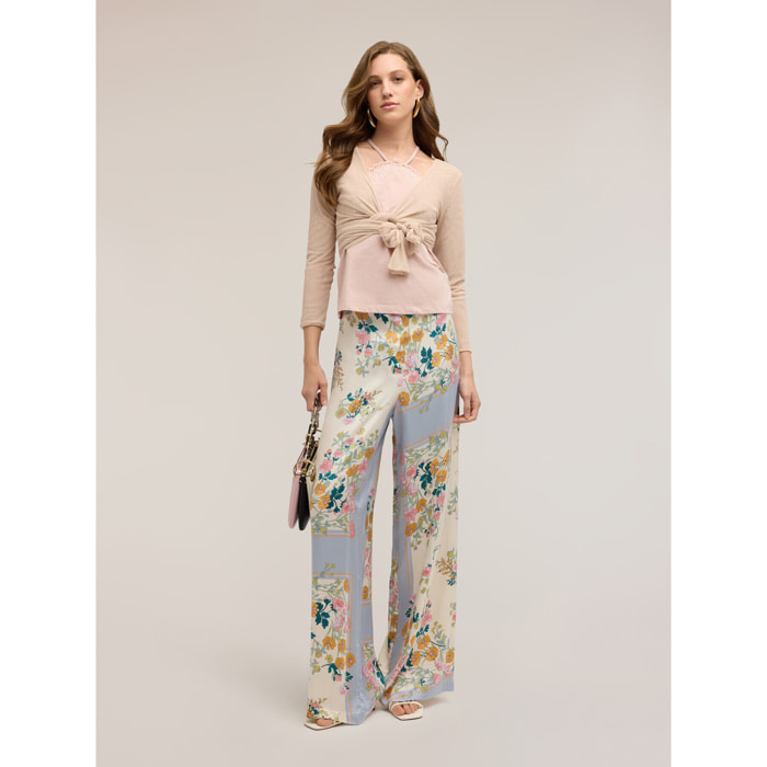 Motivi - Pantalones palazzo de raso con estampado - Blanco