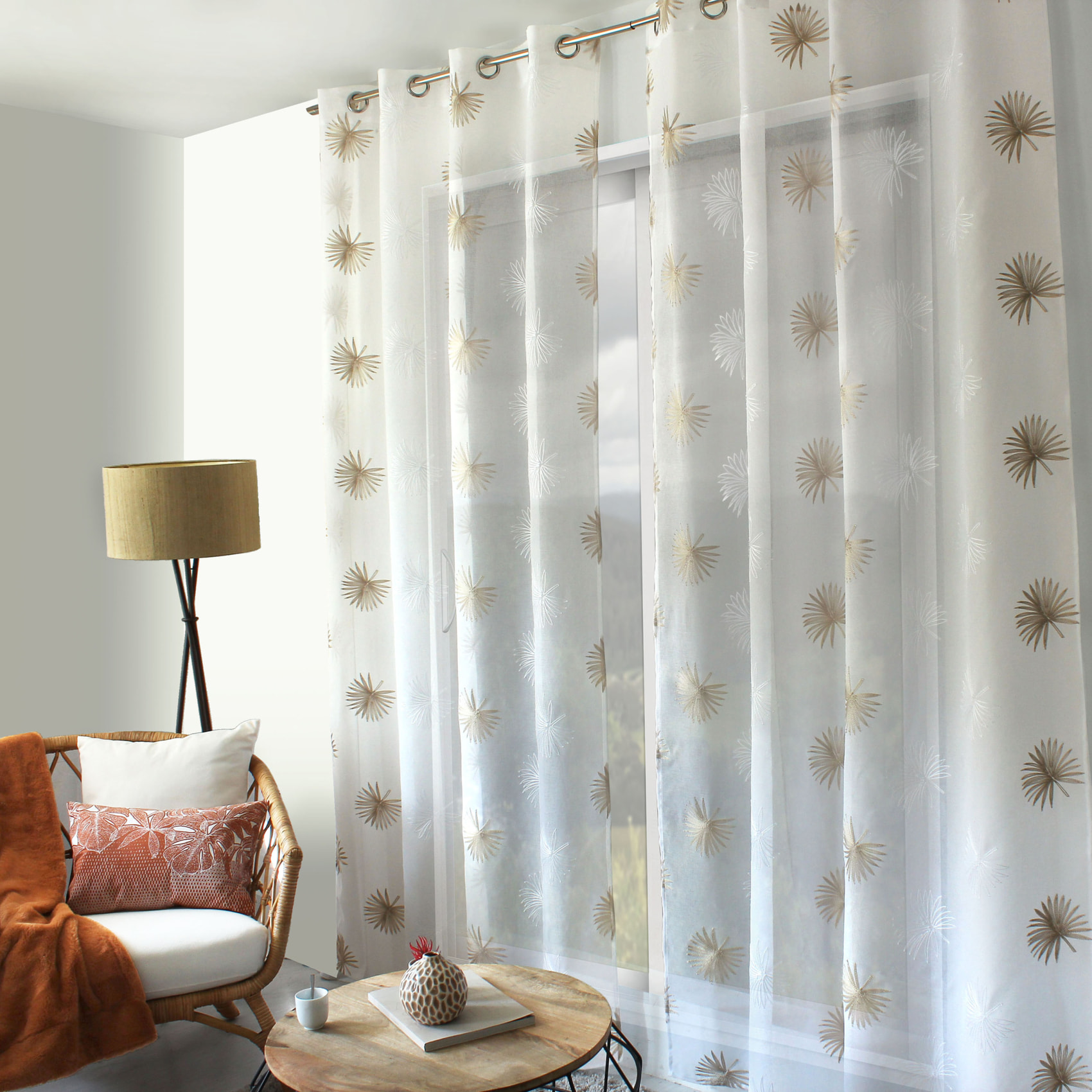 Voilage tamisant brodé  végétal - Beige