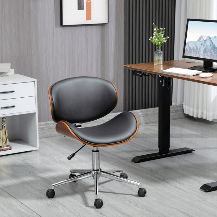Vinsetto Silla de Oficina con Ruedas, Silla de Escritorio Tapizada en PU con Asiento Ancho y Curvado de Madera, Respaldo Acolchado, Altura Ajustable, Diseño sin Brazos, para Casa, Oficina, Negro