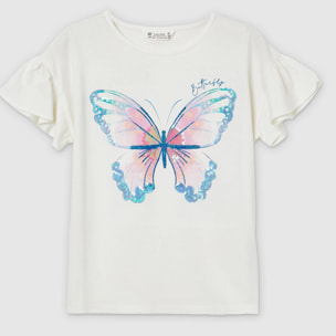 T-shirt stampa farfalla paillettes