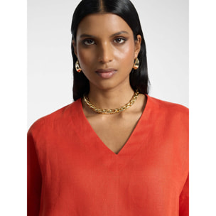 Elena Mirò - Camiseta de lino y algodón con cuello en V - Naranja sol