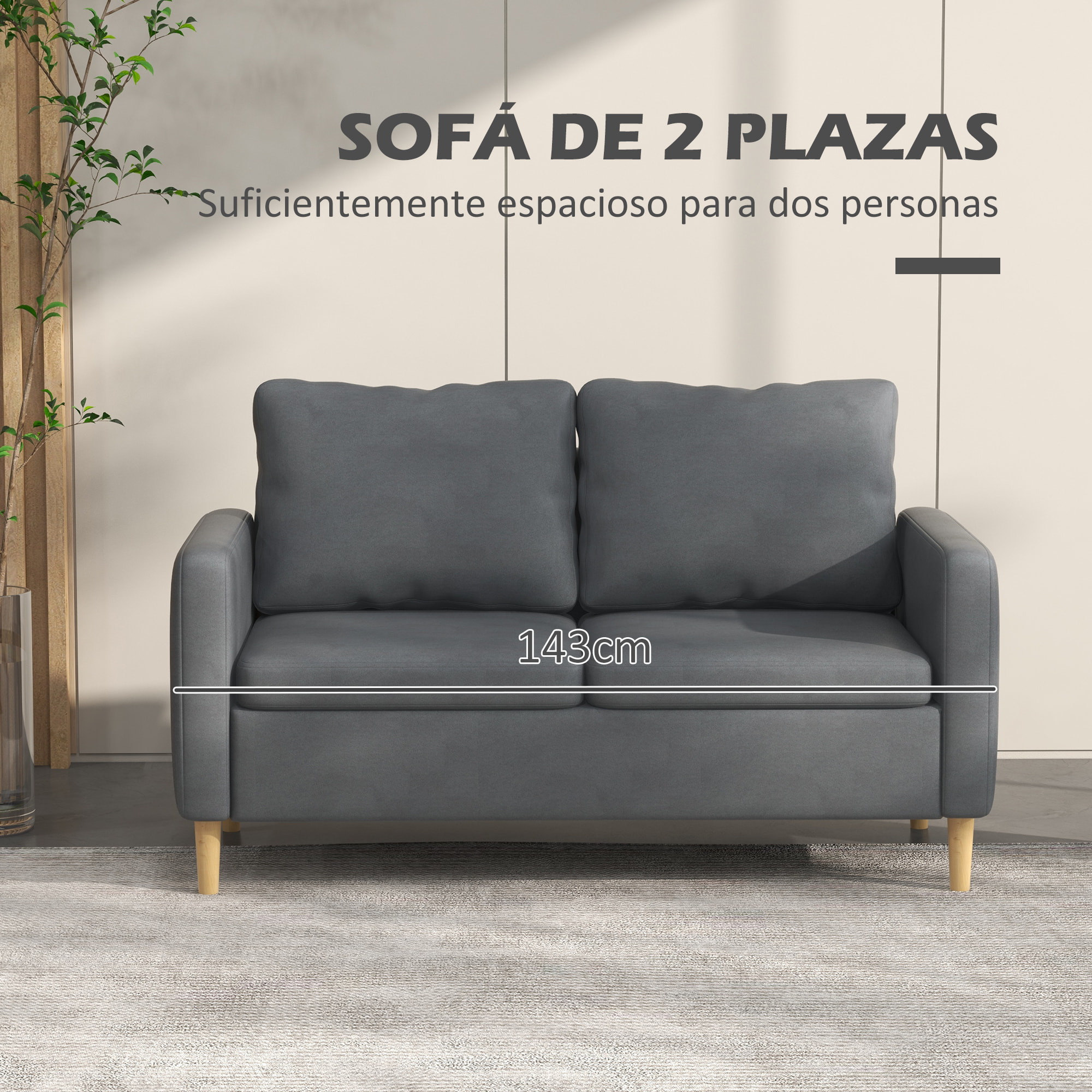 Sofá de 2 Plazas Sillón Moderno Tapizado en Poliéster con 2 Bolsillos Laterales Reposabrazos y Patas de Madera para Dormitorio Oficina Carga 200 kg 143x76x83 cm Gris