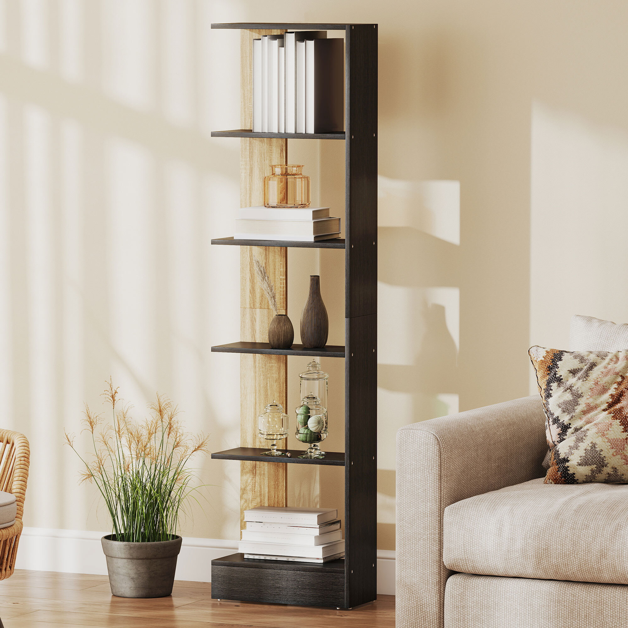 Estantería de 5 Niveles, Estantería Almacenaje, Librería Estrecha para Espacios Pequeños, Sala de Estar y Cocina, 45x21x170 cm, Negro y Roble