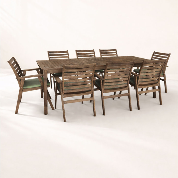 Ensemble table et 8 chaises de jardin en bois d'acacia et coussin vert PALAU