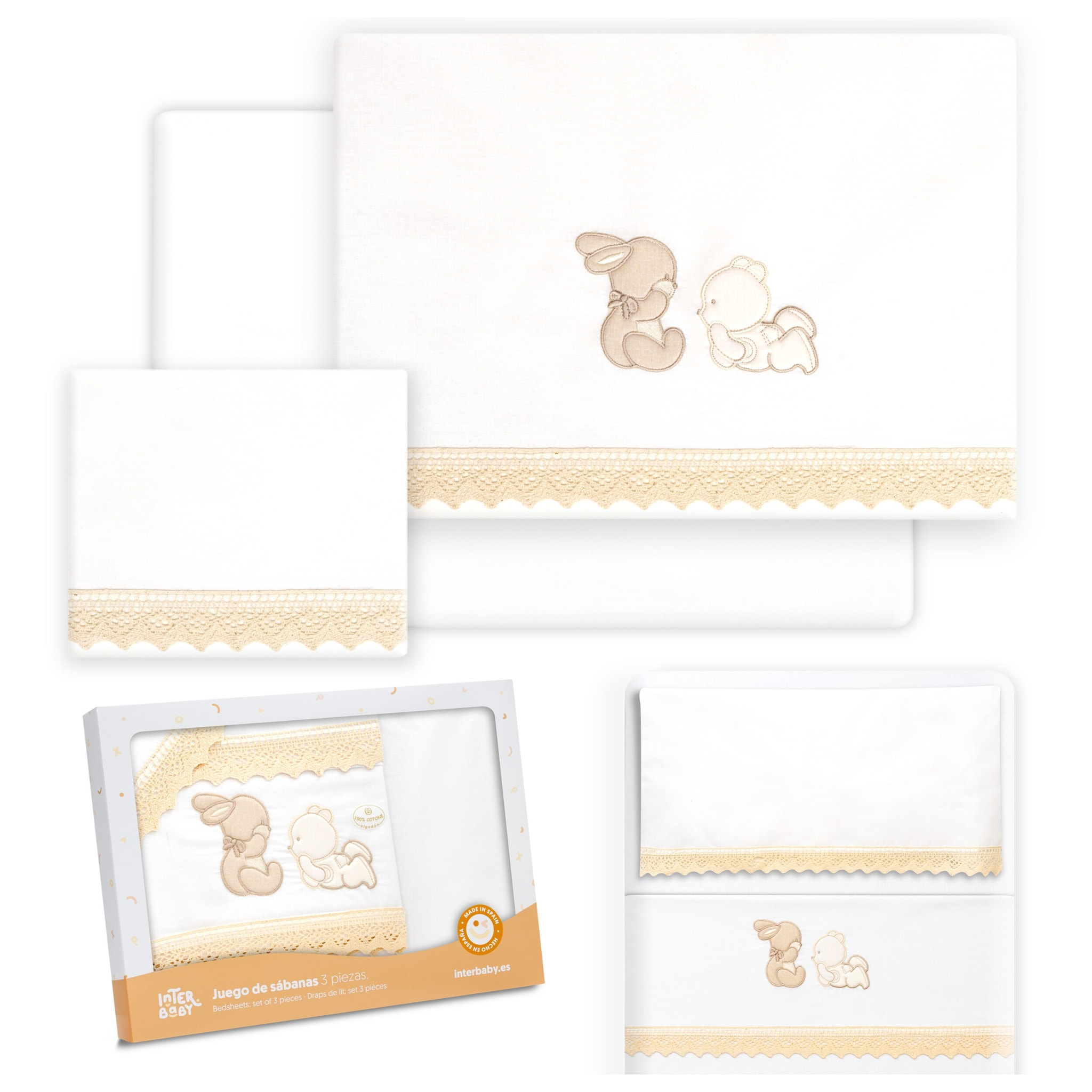 Triptico Minicuna Guipur Oso Tumbado Conejito Bco/Beig