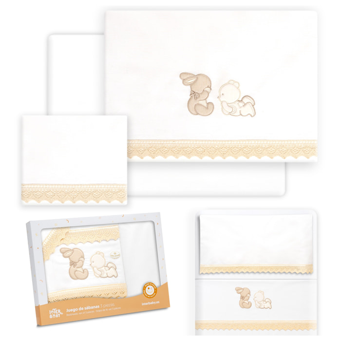 Triptico Minicuna Guipur Oso Tumbado Conejito Bco/Beig