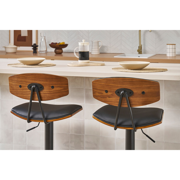 Tabourets de bar design réglables noir et bois foncé (lot de 2) VASCO