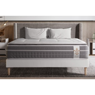 Pack cama completa - Colchón Muelles ensacados y espuma viscoelástica - Kit de base de cama - Blanco - Trente PLUS con 2 almohadas y 1 edredón
