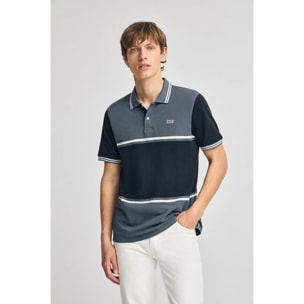 Polo blu denim Veil in piquet bicolore con particolare ricamato