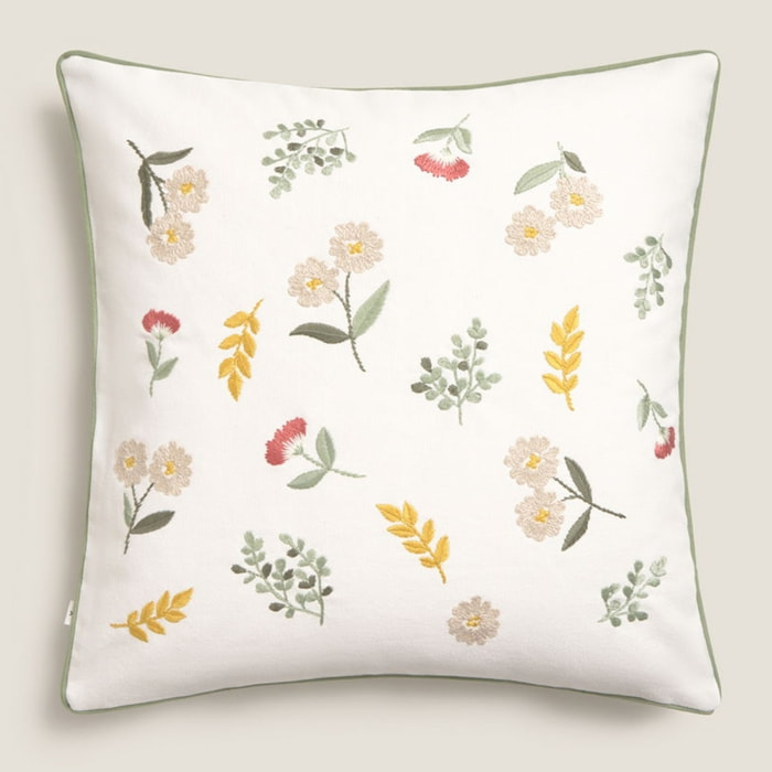 Funda de cojín con bordado floral Groun color amarillo 100% Algodón