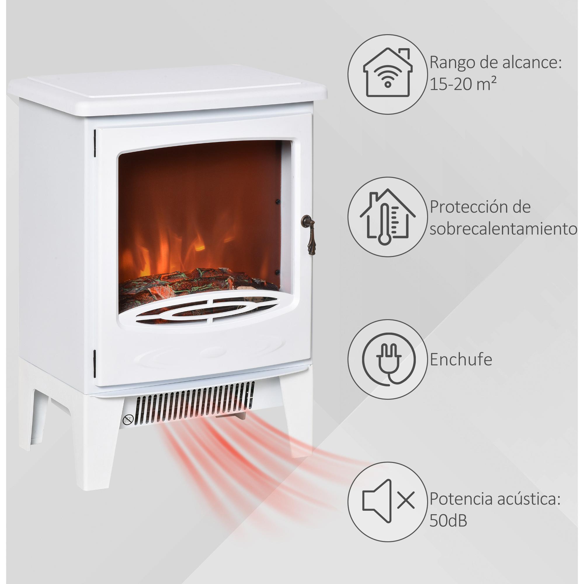 Chimenea Eléctrica Portátil de 900/1800W con Efecto de Llama Termostato Ajustable y Protección Sobrecalentamiento hasta 20 m² 39x26x54,8 cm Blanco