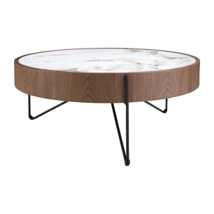 Mesa centro Angel Cerdá redonda en madera chapada en nogal natural y tapa de mármol porcelánico blanco con vetas en tonalidades grises y marrones en brillo 81x81x33cm