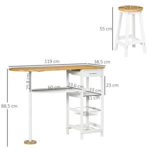 Set de Mesa de Bar con 1 Cajón 2 Estantes Cesta Extraíble y Botellero Juego de Muebles con Mesa Alta de 119x38,5x88,5 cm y 2 Taburetes de 29x29x55 cm para Comedor Cocina Blanco