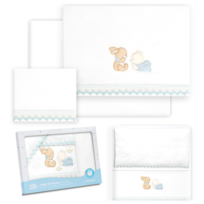 Triptico Minicuna Guipur Oso Tumbado Conejito Bco/Azul