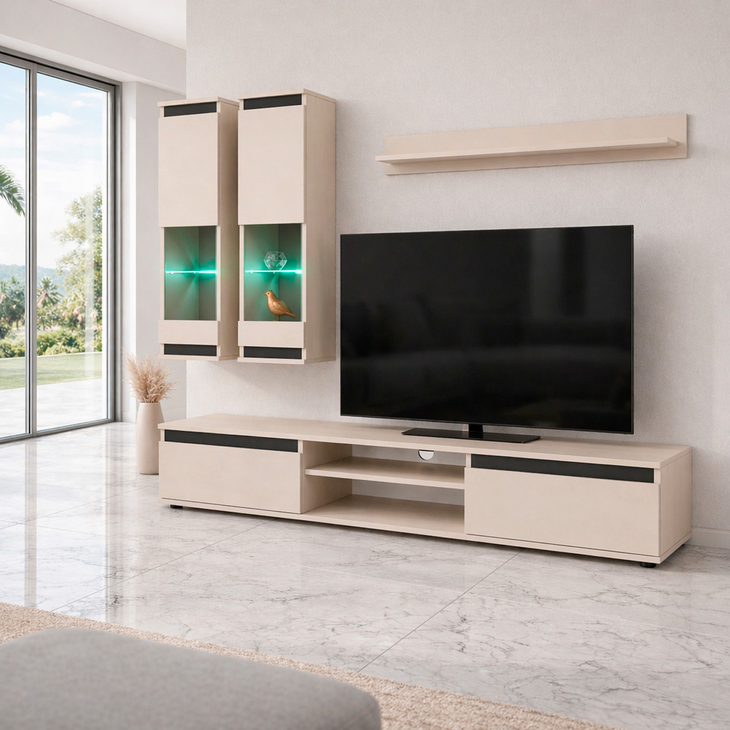 Parete Attrezzata Soggiorno Mobile Tv Vetrine Led Mensola Moderno Living Arredo Contenitore Vani Giorno Resistente 175x 150x 37 Cm Cashmere E Nero