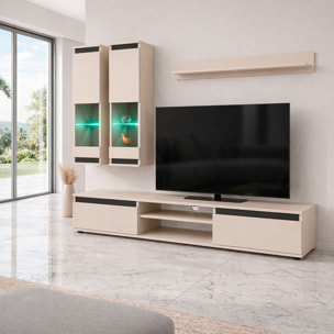 Parete Attrezzata Soggiorno Mobile Tv Vetrine Led Mensola Moderno Living Arredo Contenitore Vani Giorno Resistente 175x 150x 37 Cm Cashmere E Nero