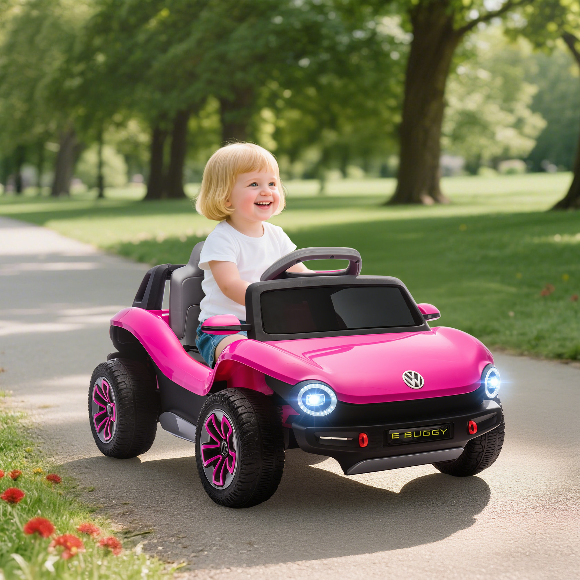 Coche Eléctrico para Niños de +3 Años, Volkswagen E-Buggy, Coche de Batería 12V, con Mando a Distancia 2,4 G, Ruedas con Suspensión, Faros LED, Música, USB, Motor Doble, Rosa