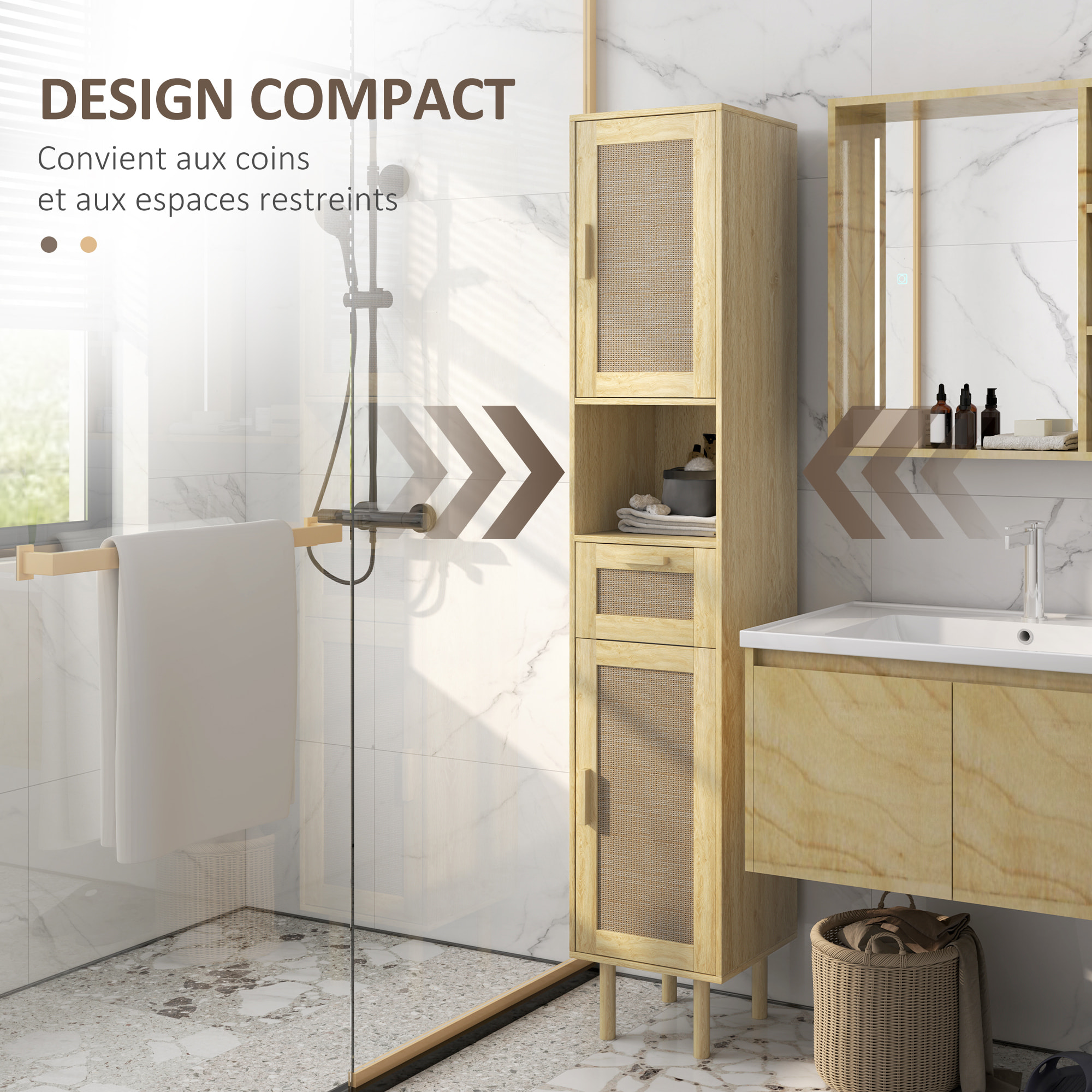 Colonne de salle de bain style bohème H. 170 cm - 2 portes, étagères, tiroir, niche - effet rotin bois clair