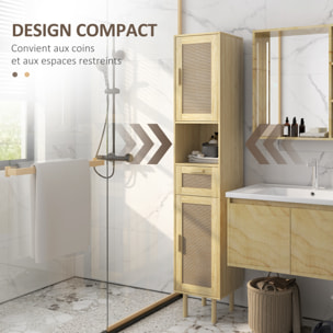 Colonne de salle de bain style bohème H. 170 cm - 2 portes, étagères, tiroir, niche - effet rotin bois clair