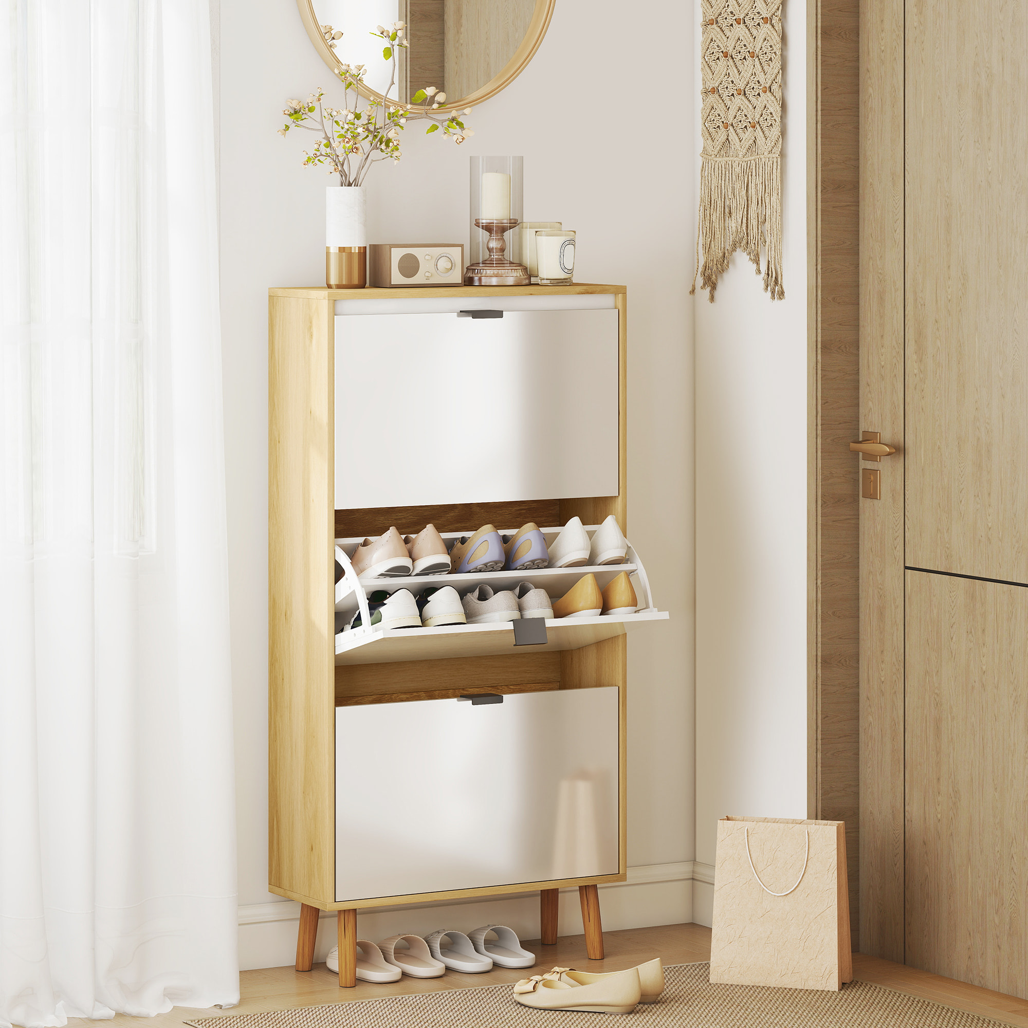 Zapatero Estrecho con 3 Puertas en Blanco Brillo, Zapatero Entrada Recibidor con Estantes Ajustables Patas de Madera, para 18 Pares de Zapatos, 60x24x127 cm Blanco