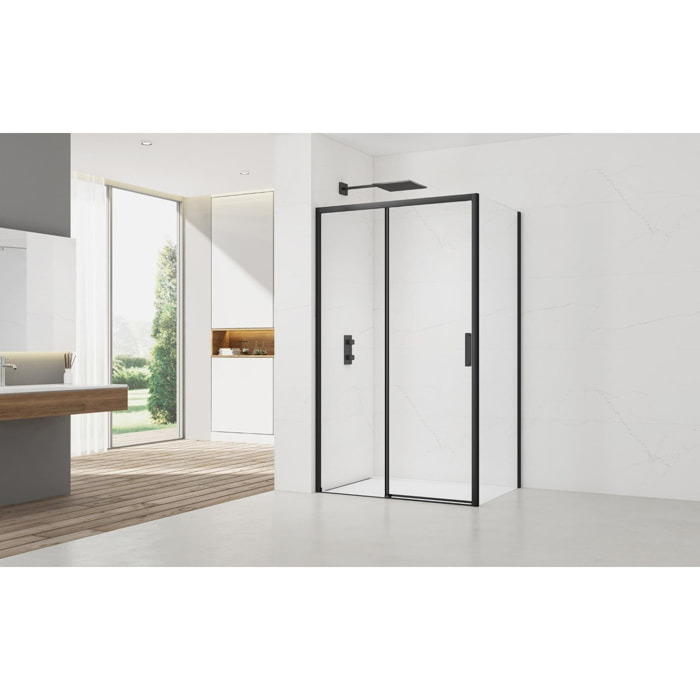 TEX BB ensemble porte coulissante/paroi 110x90cm anticalcaire avec profilés noir mat (SIKOTEXDBB110S90C)