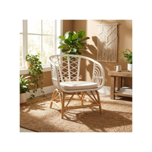 Fauteuil relax en rotin tressé bicolore blanc avec coussin – AURA
